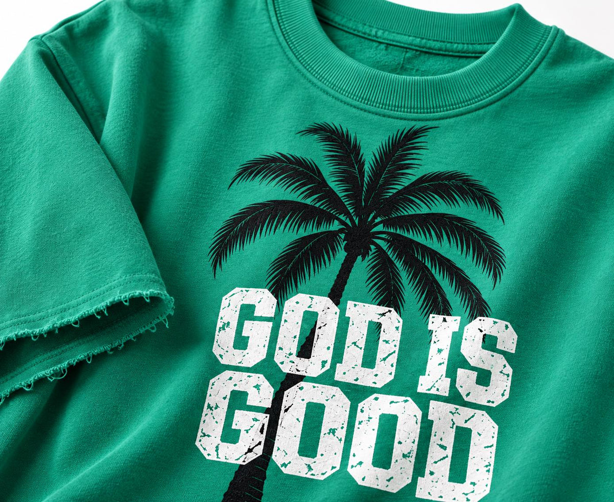 Green Oversized Palm Tree T-Shirt, Distressed "God Is Good" Lettering, Christian Streetwear