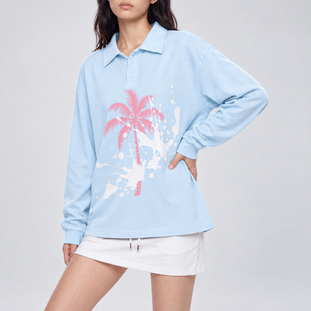 Pink Palm Women's Loose Long Sleeve Polo Shirt