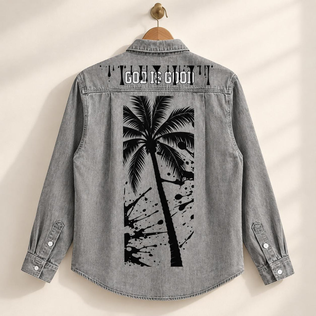Washed Gray Denim Shirt, Palm Tree Graphics, "God Is Good" Back Design