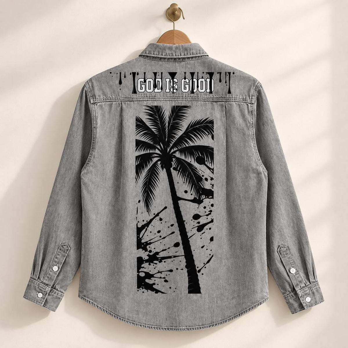Washed Gray Denim Shirt, Palm Tree Graphics, "God Is Good" Back Design