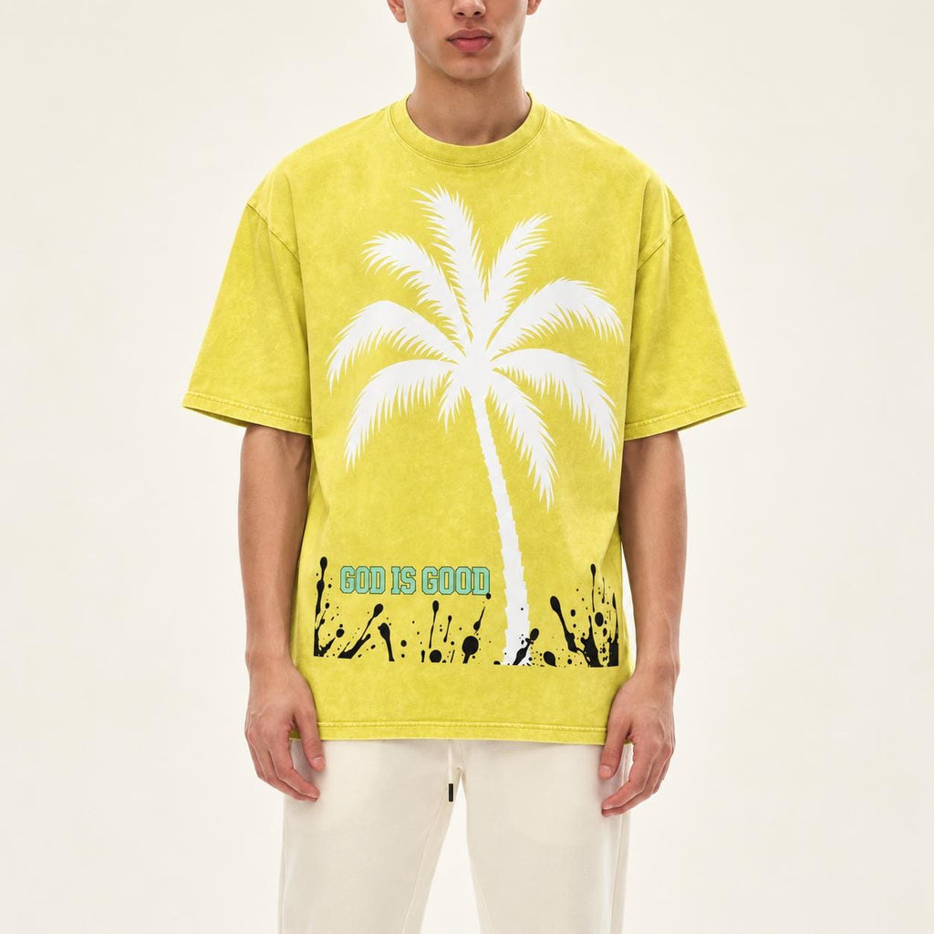 Yellow Oversized Palm Tree T-Shirt, Snow-Washed Cotton, Christian Streetwear