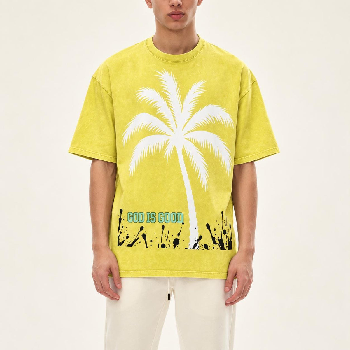 Yellow Oversized Palm Tree T-Shirt, Snow-Washed Cotton, Christian Streetwear