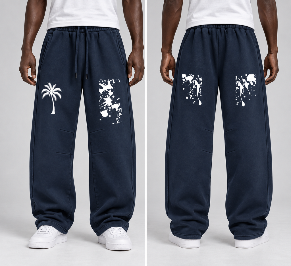 Navy Blue Palm Tree & Paint Splatter Relaxed Sweatpants