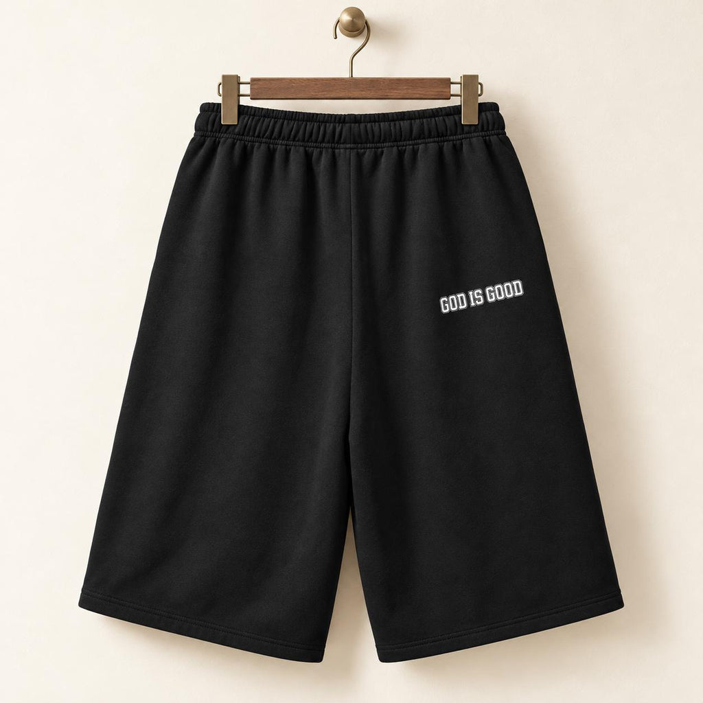 Men's Black Palm Tree Bermuda Shorts, God Is Good Graphic, Baggy Wide Leg