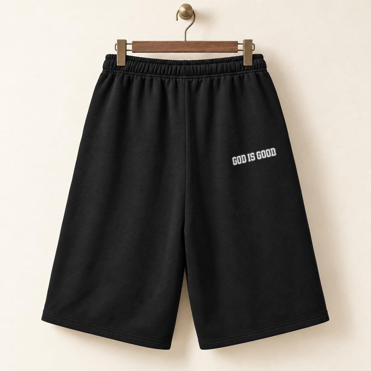 Men's Black Palm Tree Bermuda Shorts, God Is Good Graphic, Baggy Wide Leg