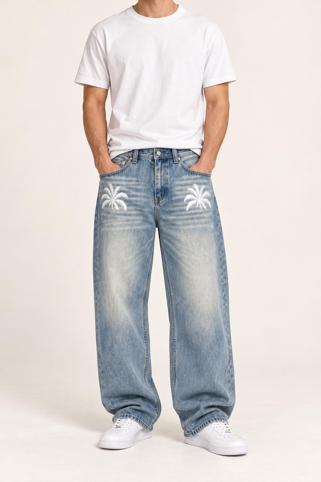 Men's Light Wash Palm Tree Jeans, Relaxed Wide Leg Denim Pants