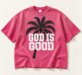 Pink Oversized Palm Tree T-Shirt, Washed Christian Streetwear, Frayed Hem Tee