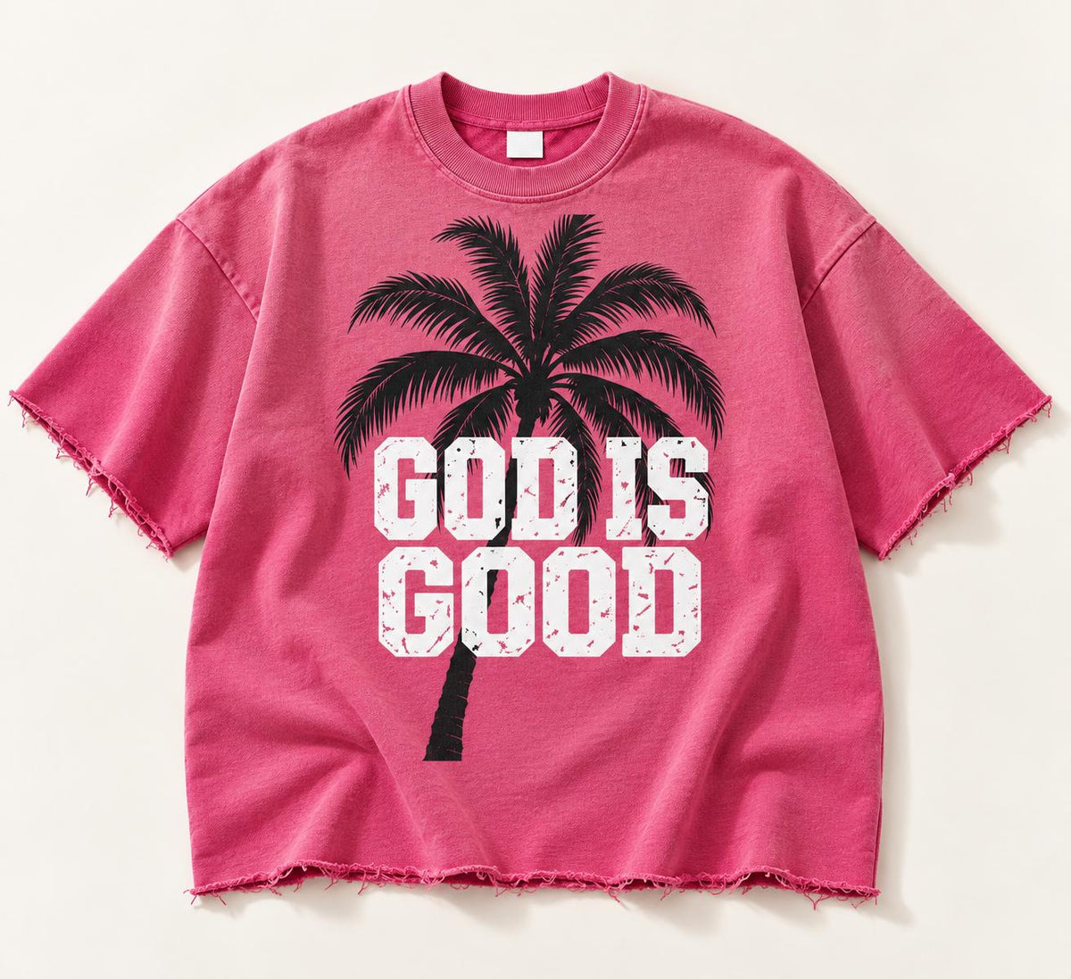 Pink Oversized Palm Tree T-Shirt, Washed Christian Streetwear, Frayed Hem Tee