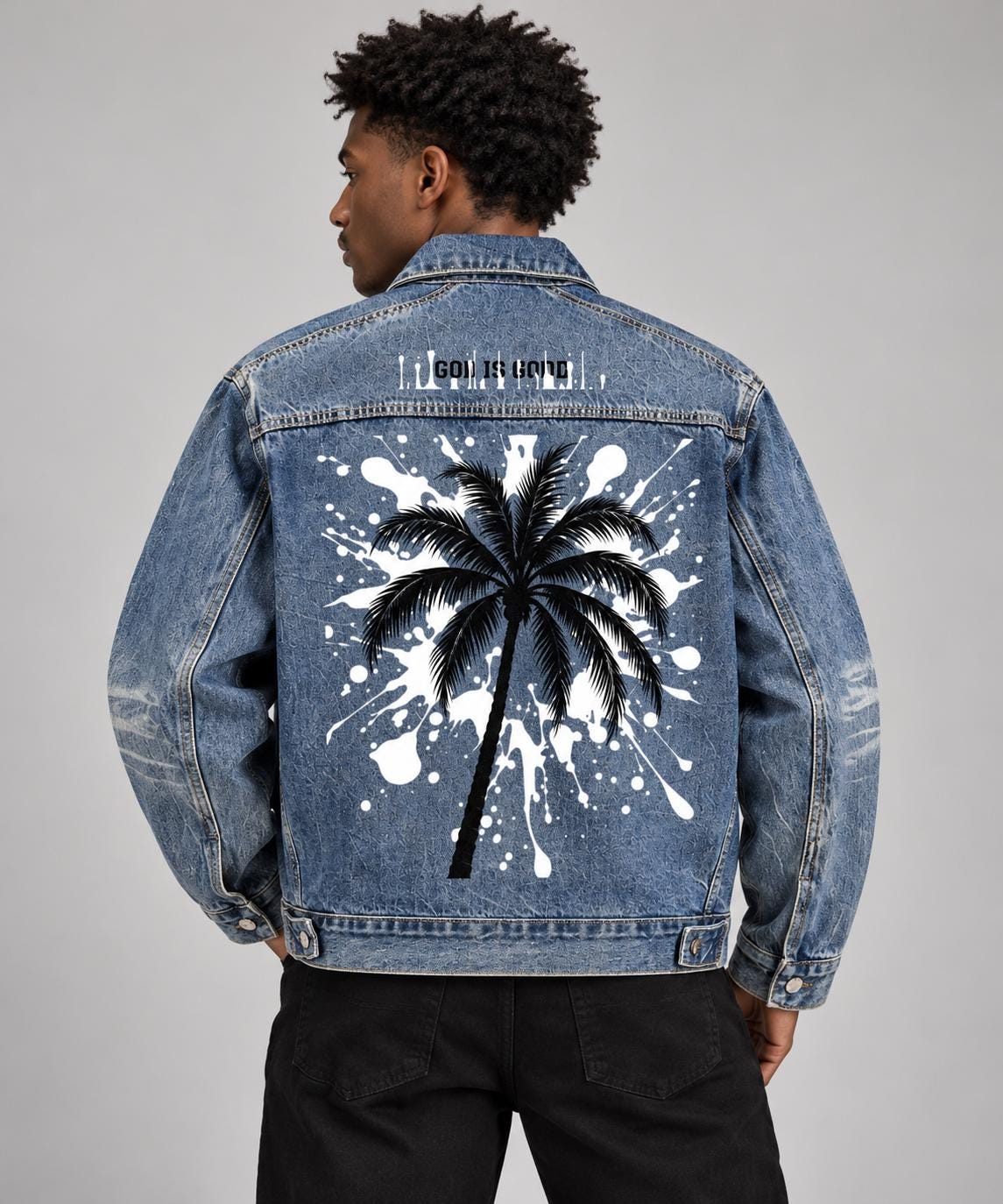 Washed Blue Zip-Up with Palm Tree and Paint Splatter Graphics