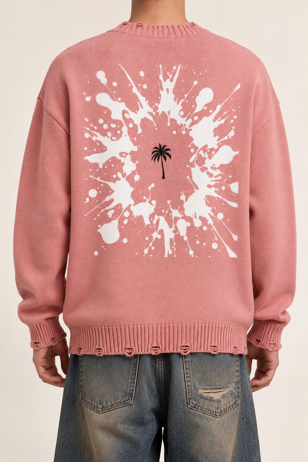 Pink Palm Tree Knit Sweater, Distressed Oversized Pullover, Paint Splatter Graphic