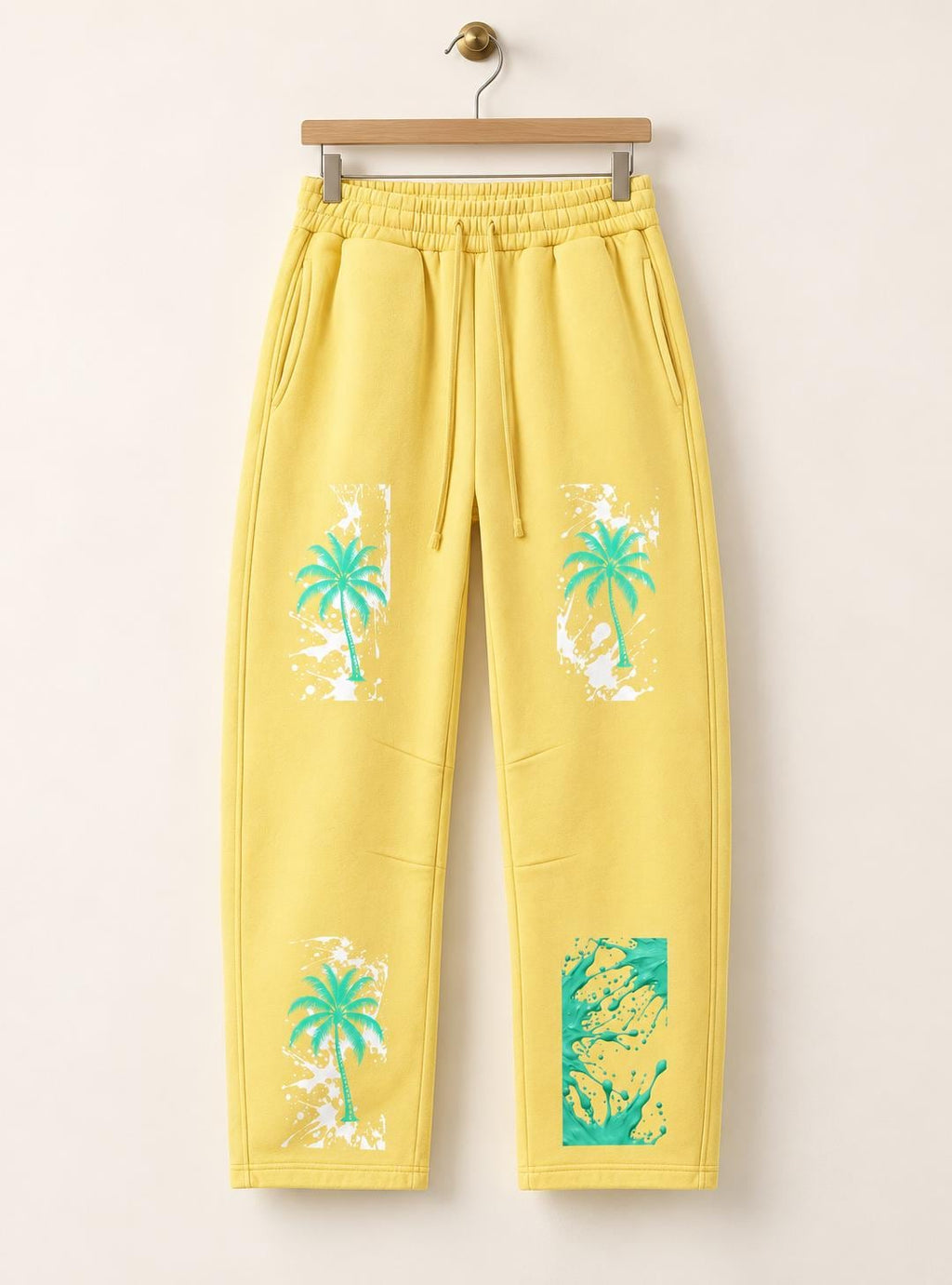 Limited Edition Butter Yellow Palm Tree Sweatpants, Mint Paint Splatter Graphic Pants
