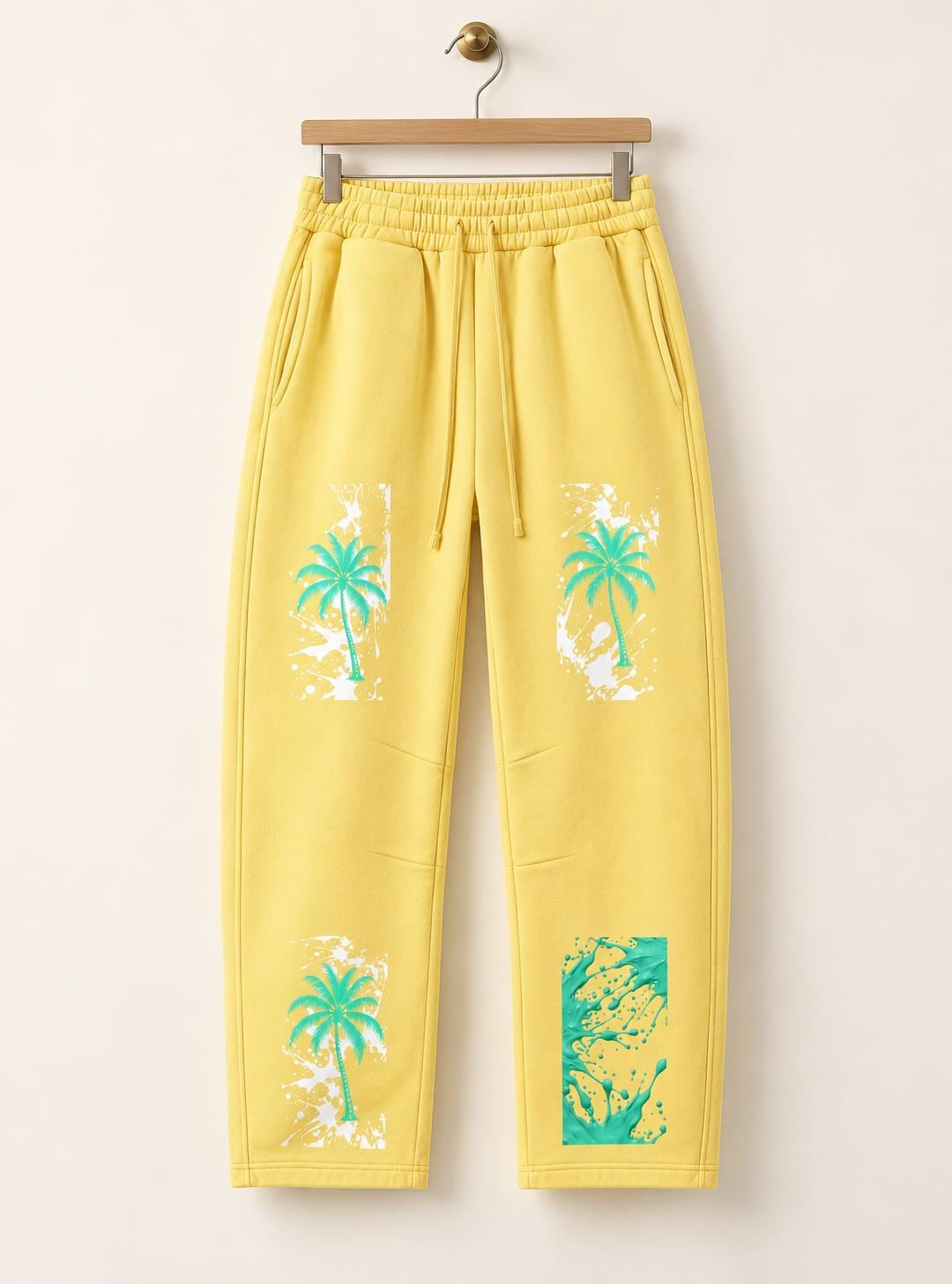 Limited Edition Butter Yellow Palm Tree Sweatpants, Mint Paint Splatter Graphic Pants