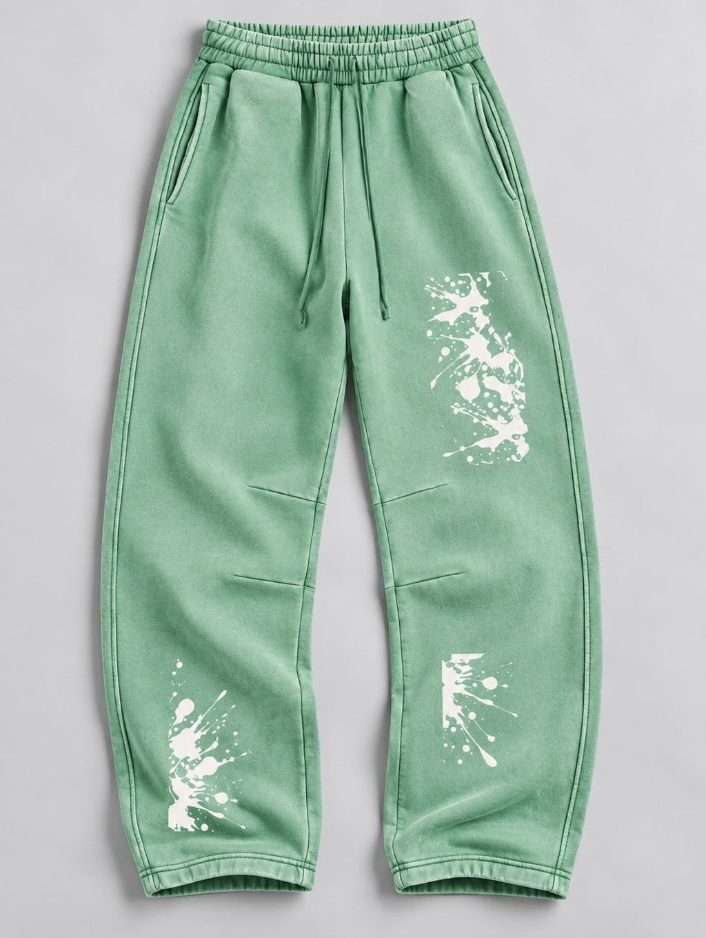Mint Green Paint Splatter Sweatpants, Palm Tree Graphic, Relaxed Wide Leg Pants