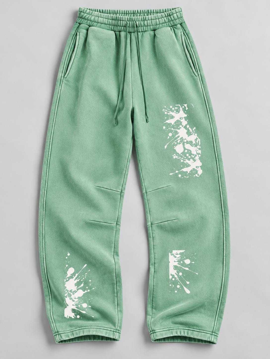 Mint Green Paint Splatter Sweatpants, Palm Tree Graphic, Relaxed Wide Leg Pants
