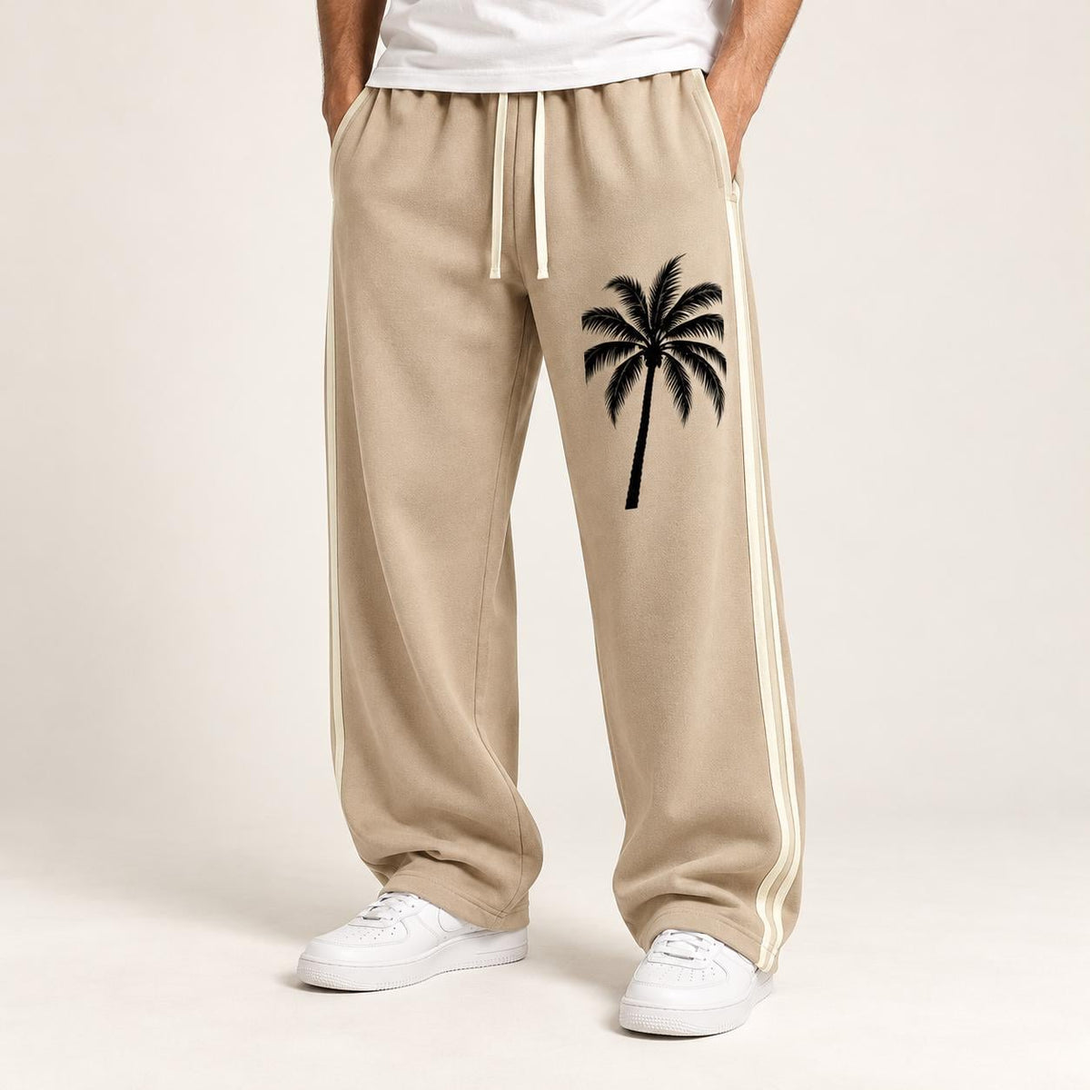 Men's Beige Palm Tree Sweatpants, Wide Leg Track Pants with Cream Stripes