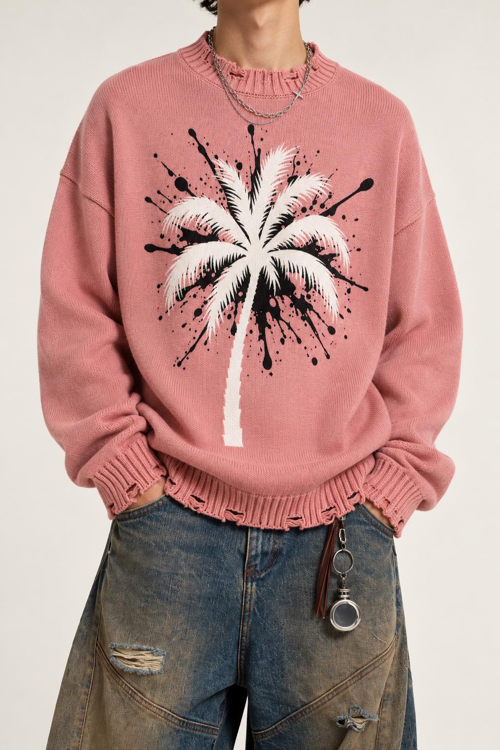 Pink Palm Tree Knit Sweater, Distressed Oversized Pullover, Paint Splatter Graphic