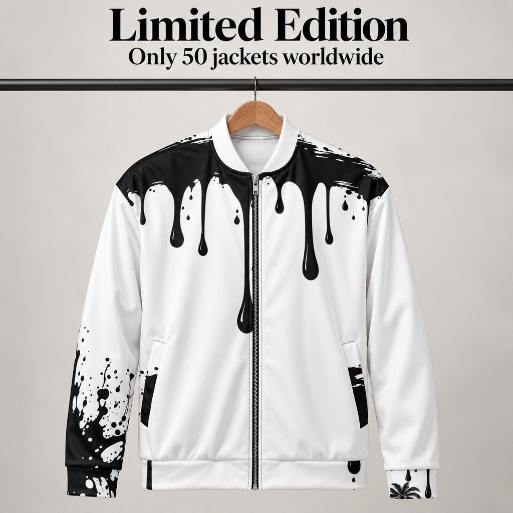 Black-White Paint Drip Bomber Jacket – Palm Tree, Faith Print (Limited Edition)