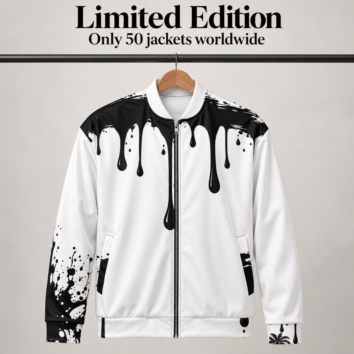 Black-White Paint Drip Bomber Jacket – Palm Tree, Faith Print (Limited Edition)