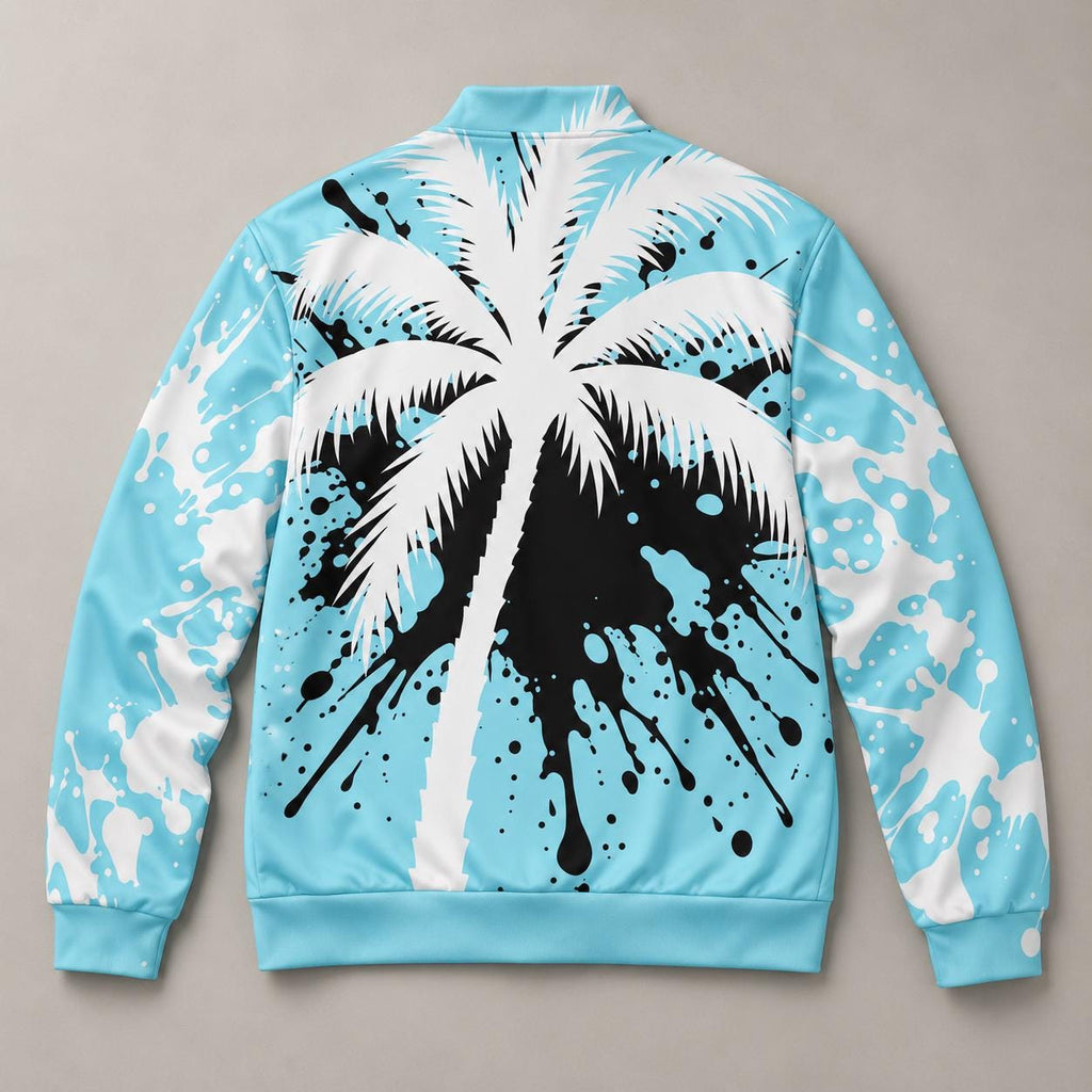 Limited Edition Aqua Palm Tree Bomber Jacket, White Black Splatter Zip-Up (Only 50 Worldwide)