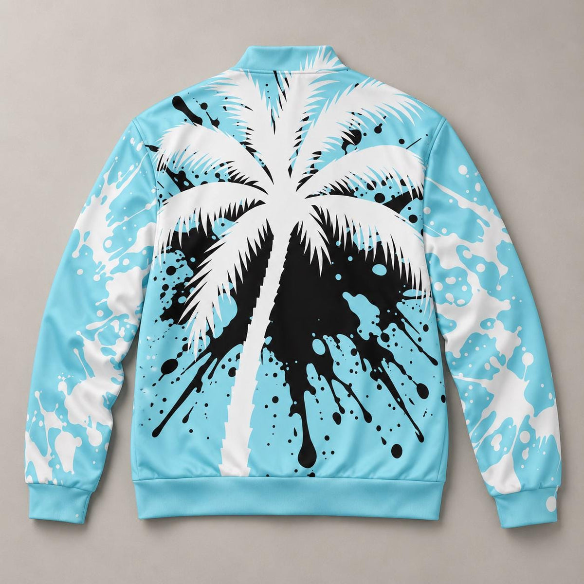 Limited Edition Aqua Palm Tree Bomber Jacket, White Black Splatter Zip-Up (Only 50 Worldwide)