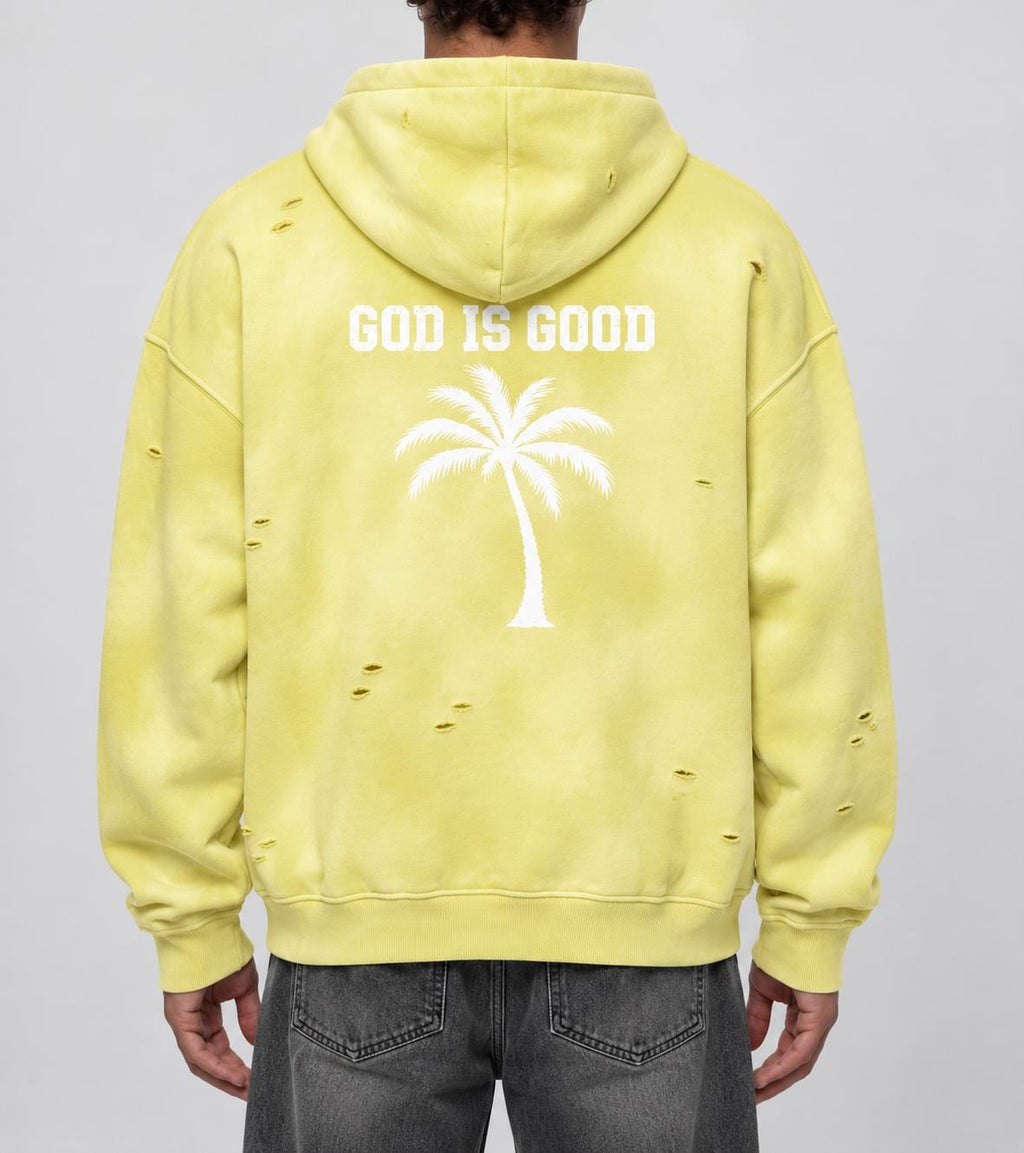 Yellow Distressed God Is Good Hoodie, Palm Tree Graphic Pullover, Oversized Christian Streetwear