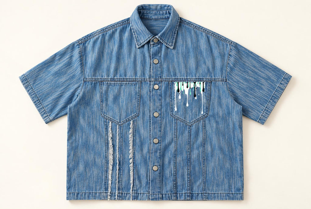 Limited Edition Denim Shirt, Palm Tree Paint Splatter, Distressed Blue (20 Available)