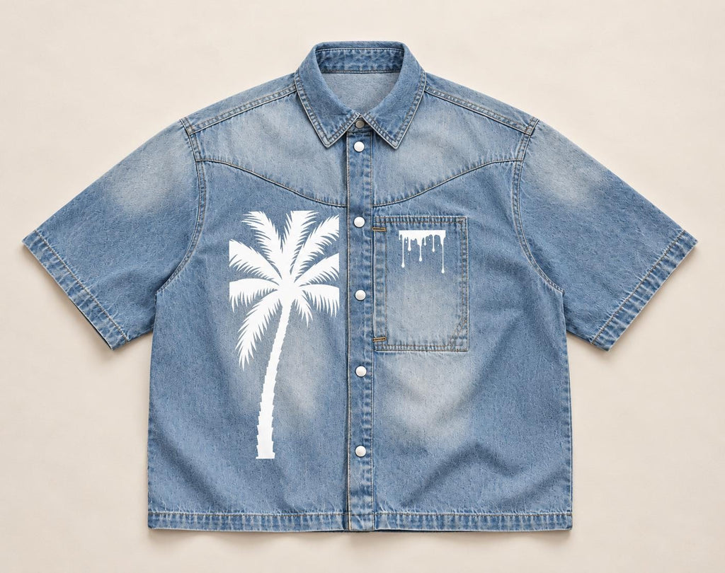 Washed Blue Denim Shirt, Palm Tree Paint Splatter Graphics, Snap Front