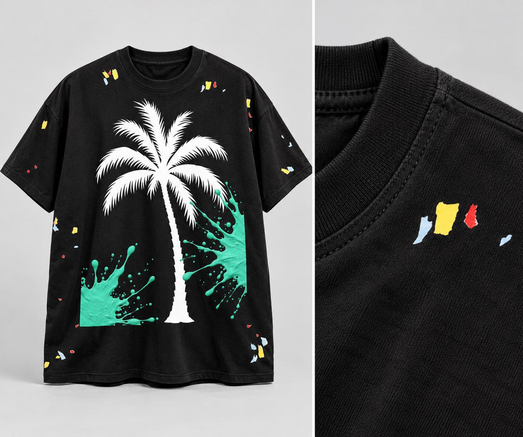 Black Oversized Palm Tree T-Shirt, God Is Good Graphic Tee, Teal Paint Splash Streetwear