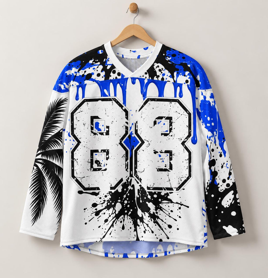 Limited Edition 88 Hockey Jersey, Royal Blue Paint Splatter, Palm Tree Graphic, God Is Good Shears