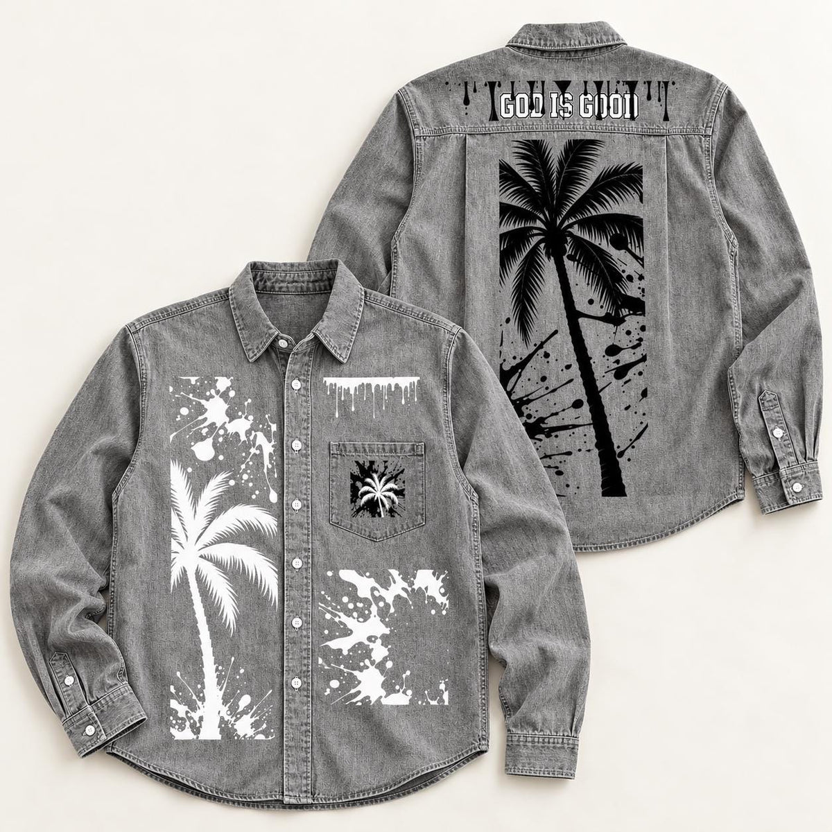 Washed Gray Denim Shirt, Palm Tree Graphics, "God Is Good" Back Design