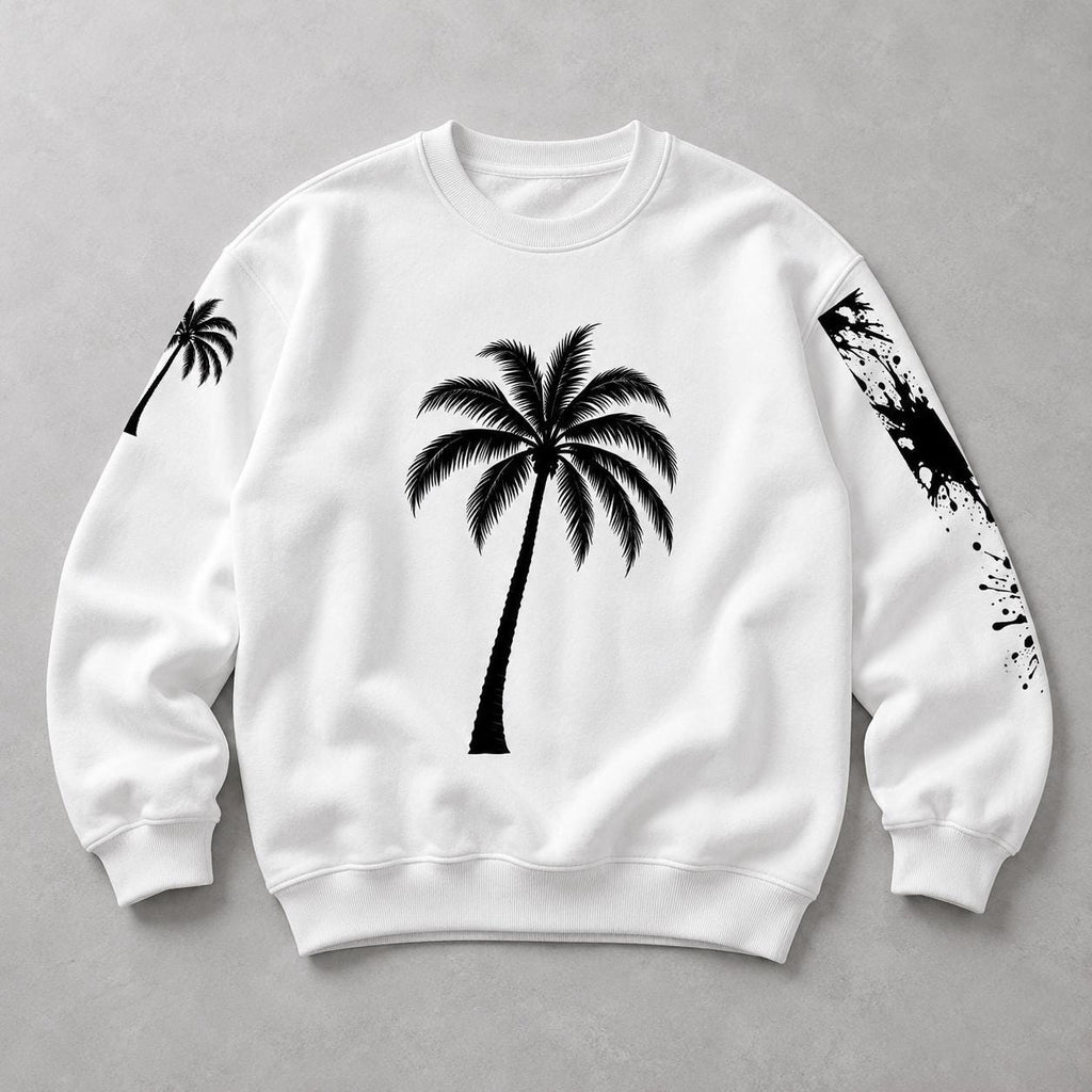 God Is Good Palm Tree Sweatshirt, Paint Splatter Sleeves, Christian Streetwear