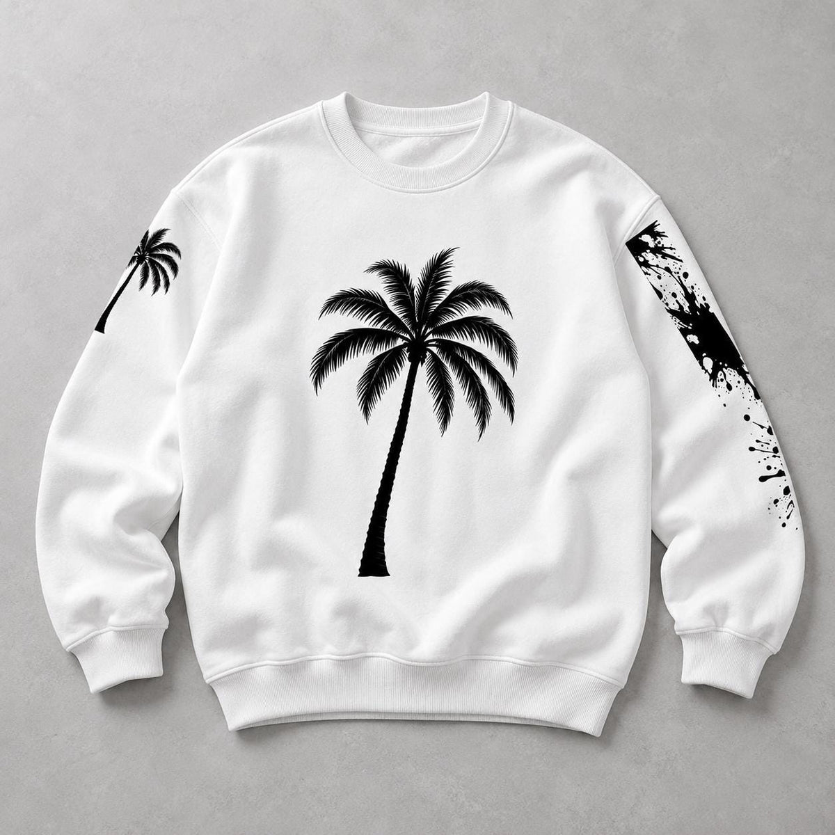 God Is Good Palm Tree Sweatshirt, Paint Splatter Sleeves, Christian Streetwear