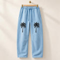 Men's Light Blue Palm Tree Sweatpants, Relaxed Straight Leg, Drawstring Waist