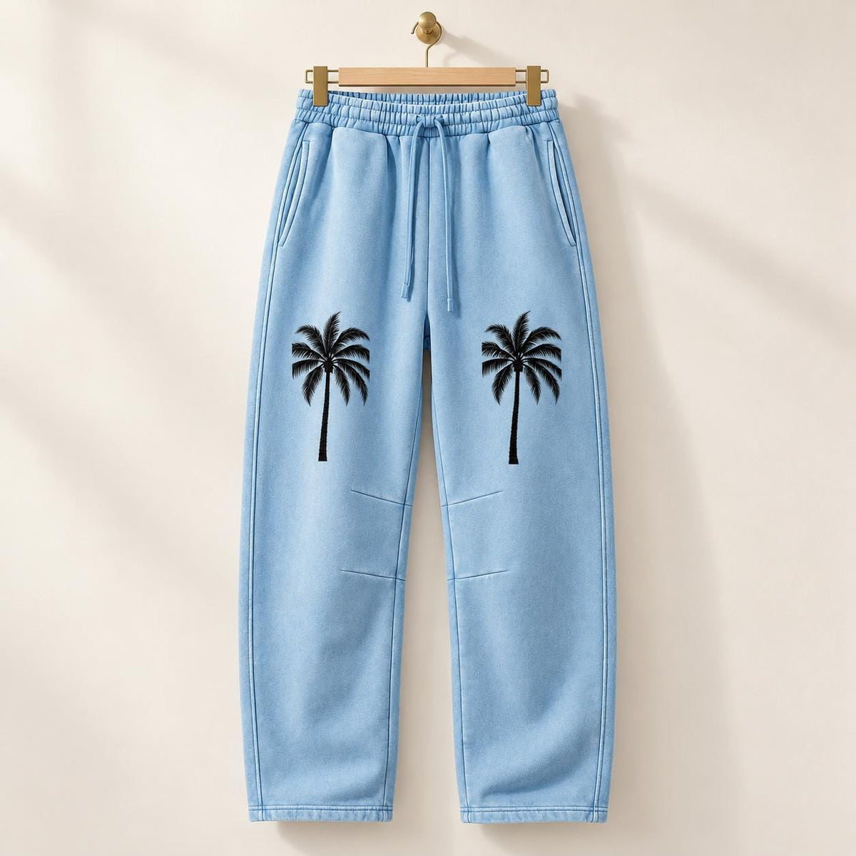 Men's Light Blue Palm Tree Sweatpants, Relaxed Straight Leg, Drawstring Waist