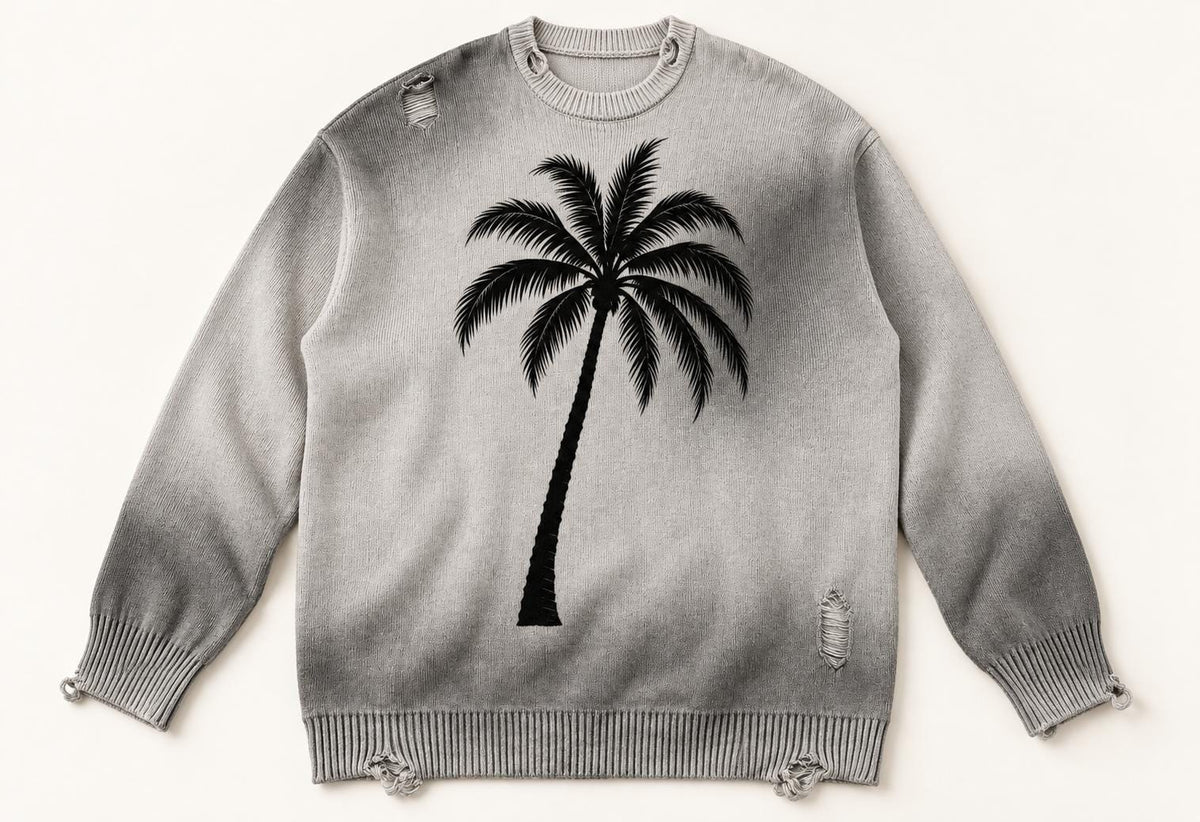 Distressed Gray Knit Sweater, Palm Tree Graphic, Streetwear Crewneck