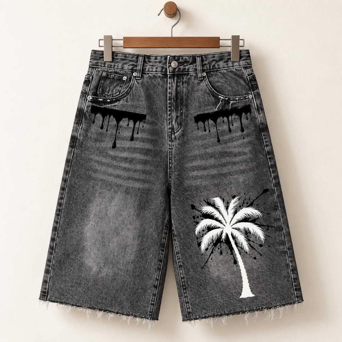 Washed Black Denim Bermuda Shorts, Palm Tree Paint Drip Graphics, God Is Good