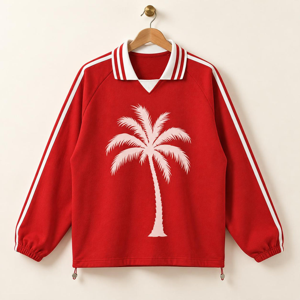 Red Palm Tree Rugby Pullover, Striped Collar, Paint-Splatter Back (Long Sleeve)