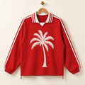 Red Palm Tree Rugby Pullover, Striped Collar, Paint-Splatter Back (Long Sleeve)