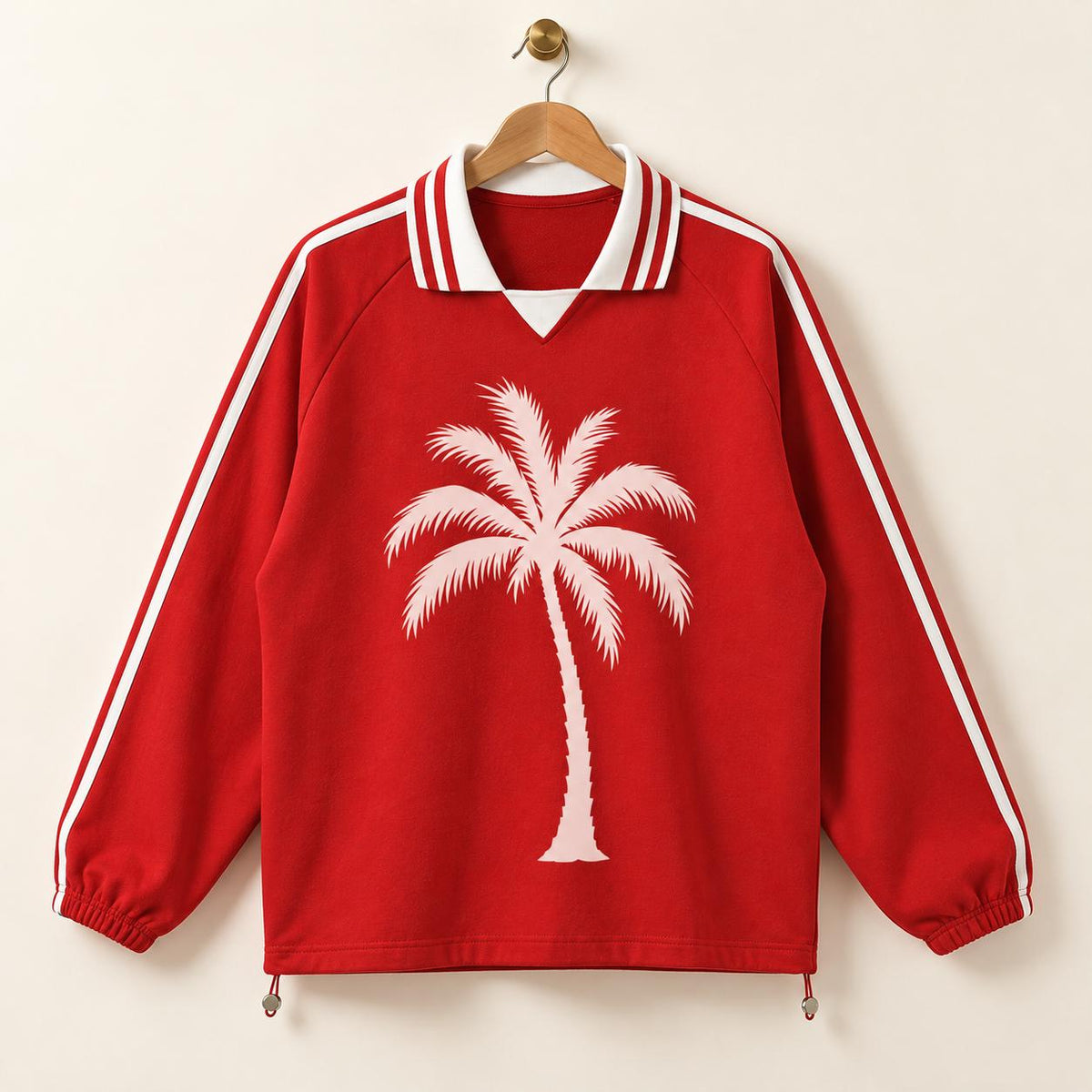 Red Palm Tree Rugby Pullover, Striped Collar, Paint-Splatter Back (Long Sleeve)
