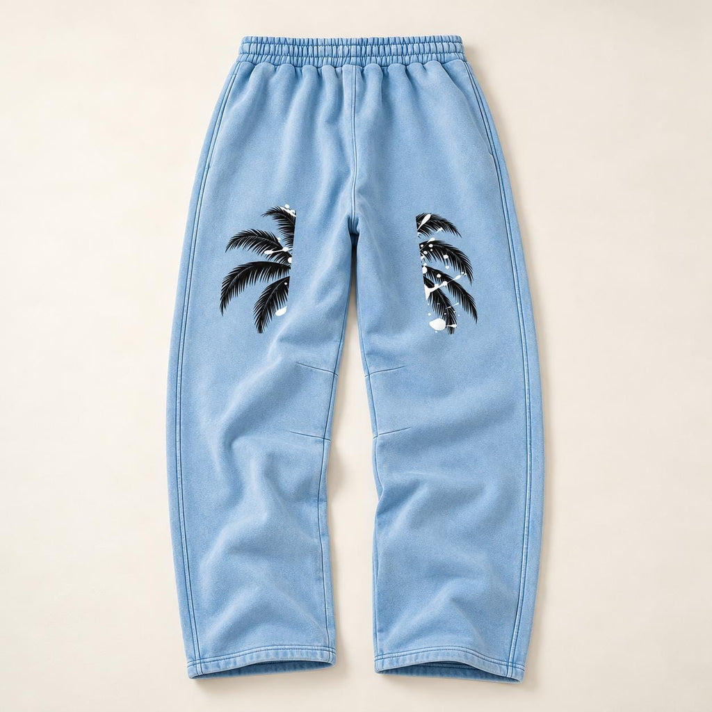 Men's Light Blue Palm Tree Sweatpants, Relaxed Straight Leg, Drawstring Waist
