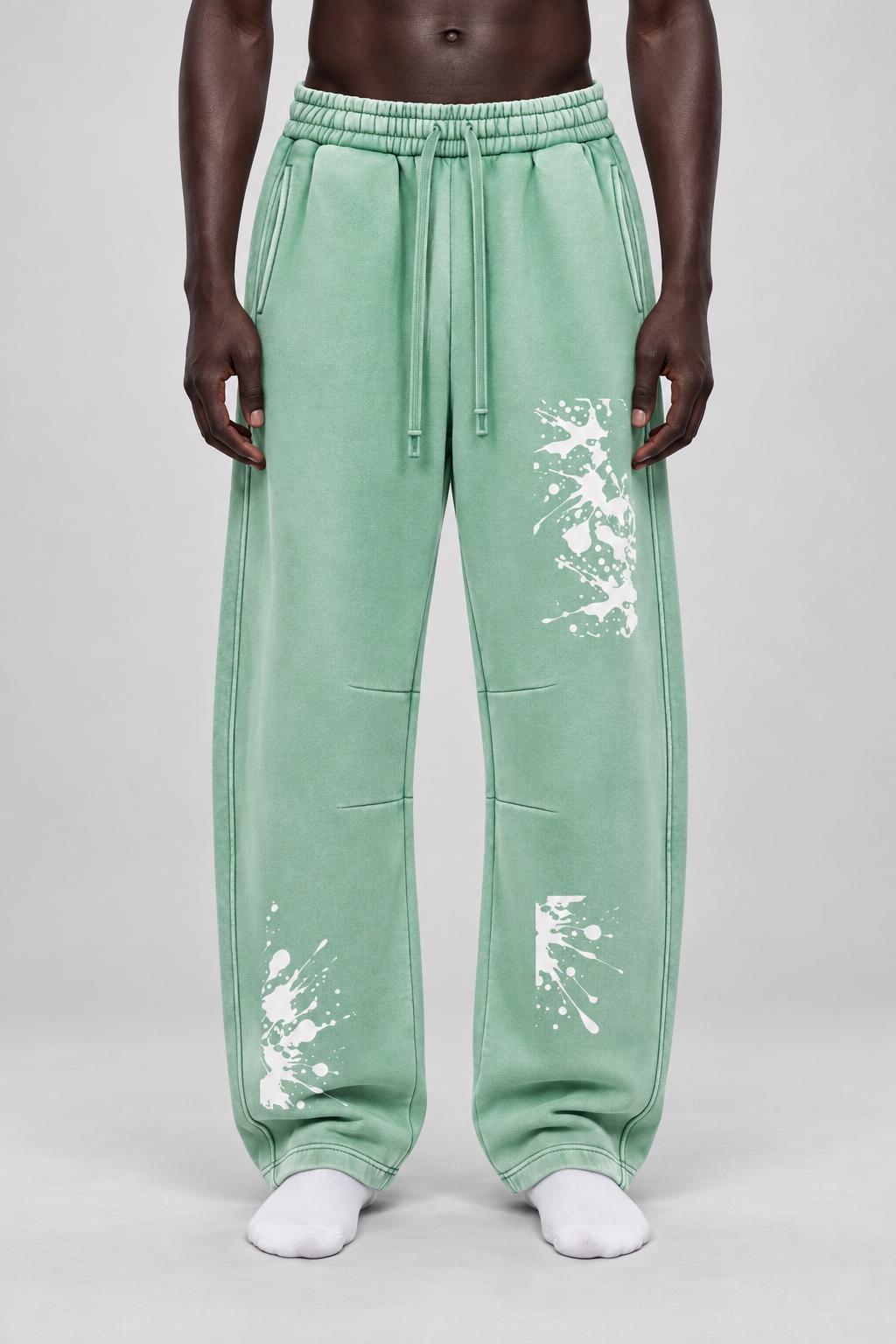 Mint Green Paint Splatter Sweatpants, Palm Tree Graphic, Relaxed Wide Leg Pants
