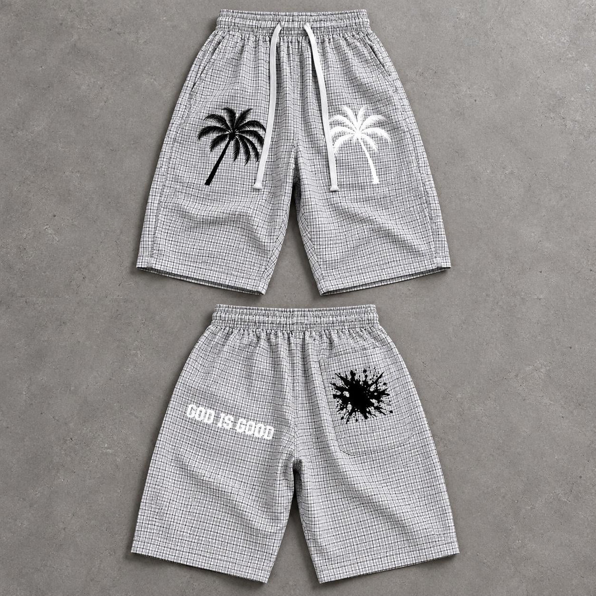 White Plaid Palm Tree Bermuda Shorts, God Is Good Graphic, Drawstring Waist
