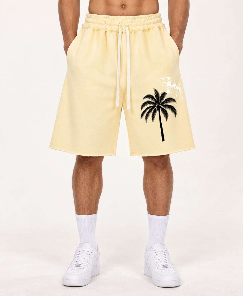 Butter Yellow Palm Tree Sweat Shorts, God Is Good Graphic, Relaxed Fit (Limited Edition)