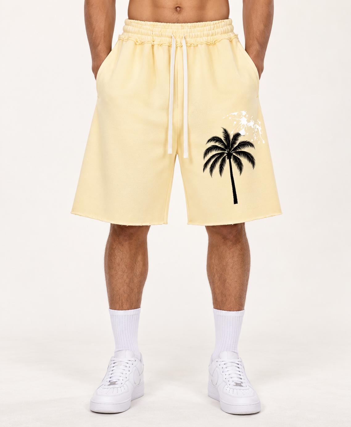 Butter Yellow Palm Tree Sweat Shorts, God Is Good Graphic, Relaxed Fit (Limited Edition)