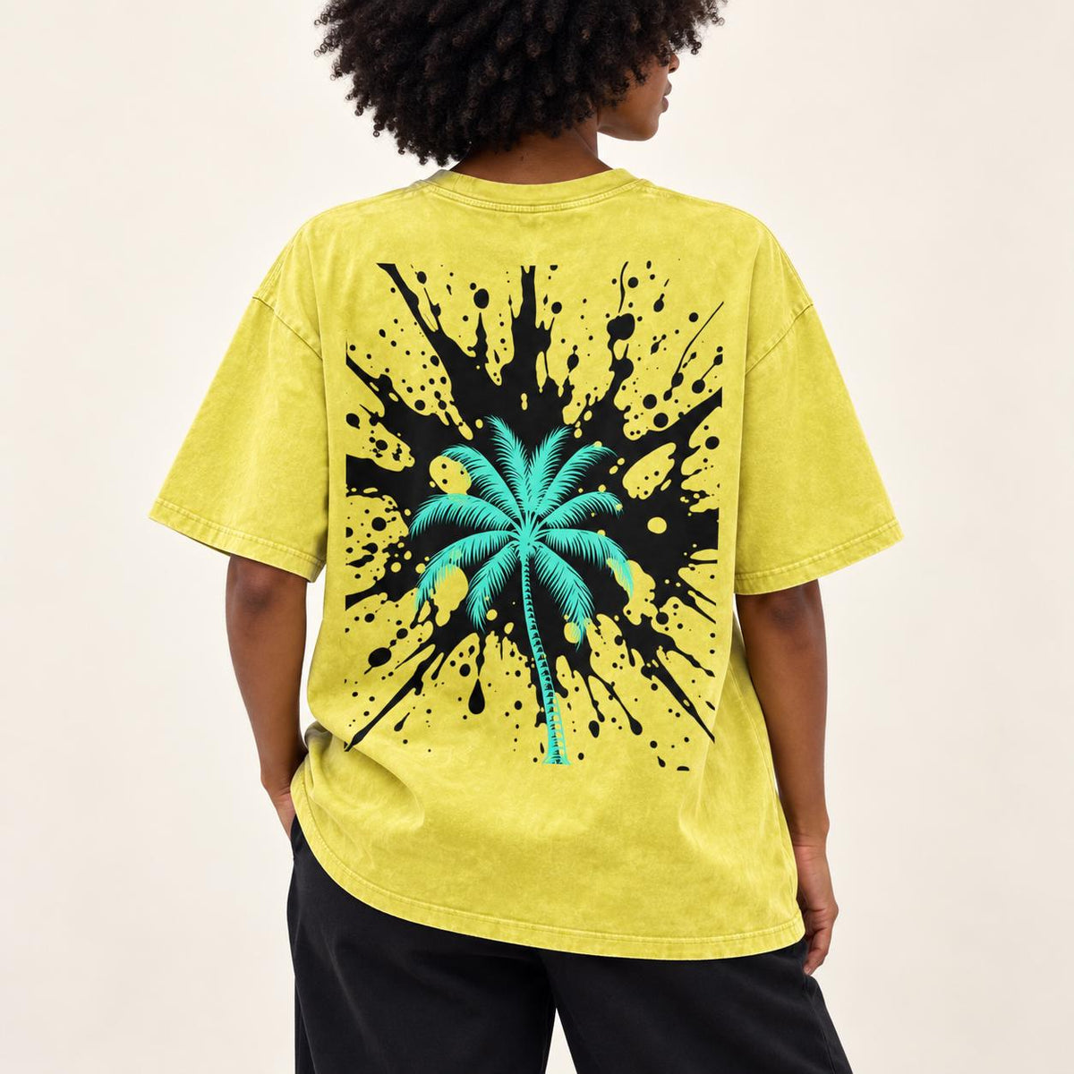 Yellow Oversized Palm Tree T-Shirt, Snow-Washed Cotton, Christian Streetwear
