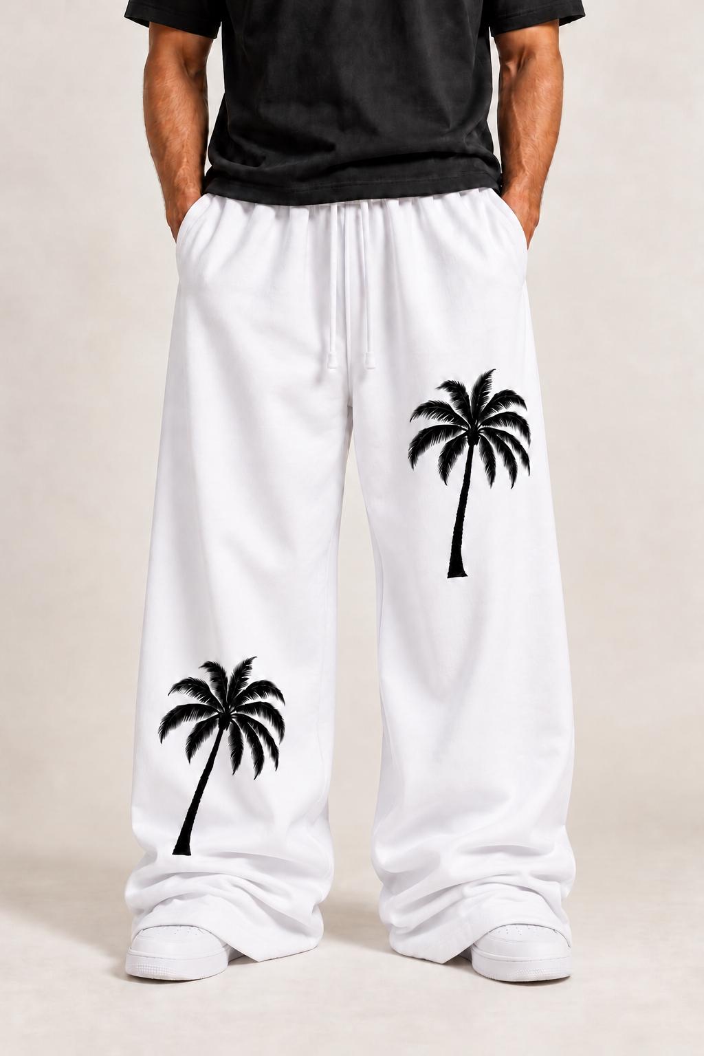 White Palm Tree Sweatpants, Black Splatter Wide Leg Pants, God Is Good Graphic Streetwear