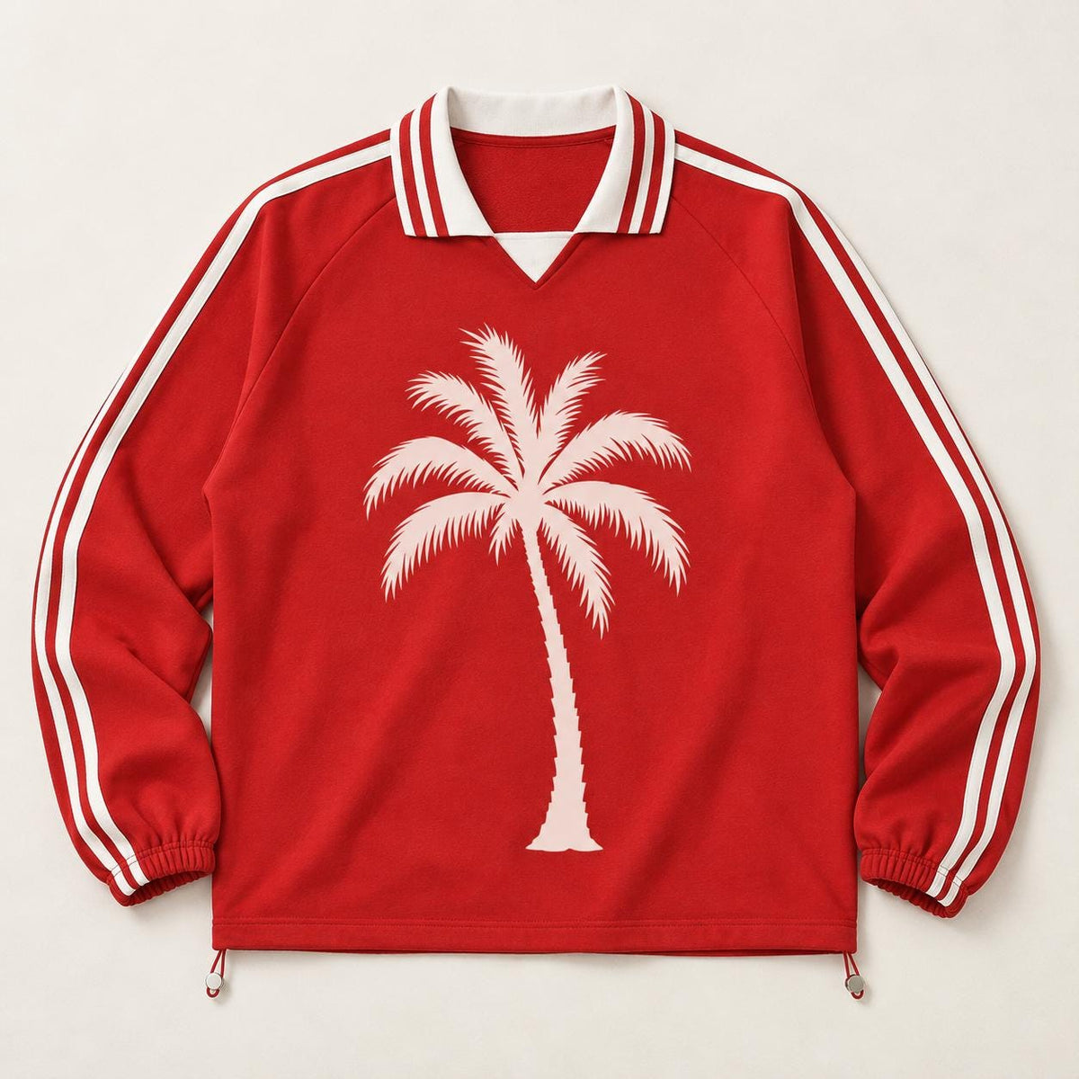 Red Palm Tree Rugby Pullover, Striped Collar, Paint-Splatter Back (Long Sleeve)