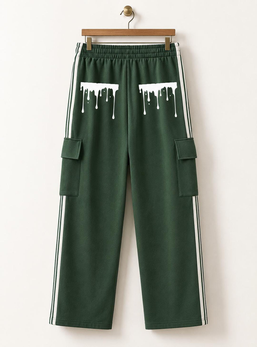 Limited Edition Forest Green Cargo Sweatpants, Palm Tree & Paint Drip, Side Stripe Straight Leg Pants