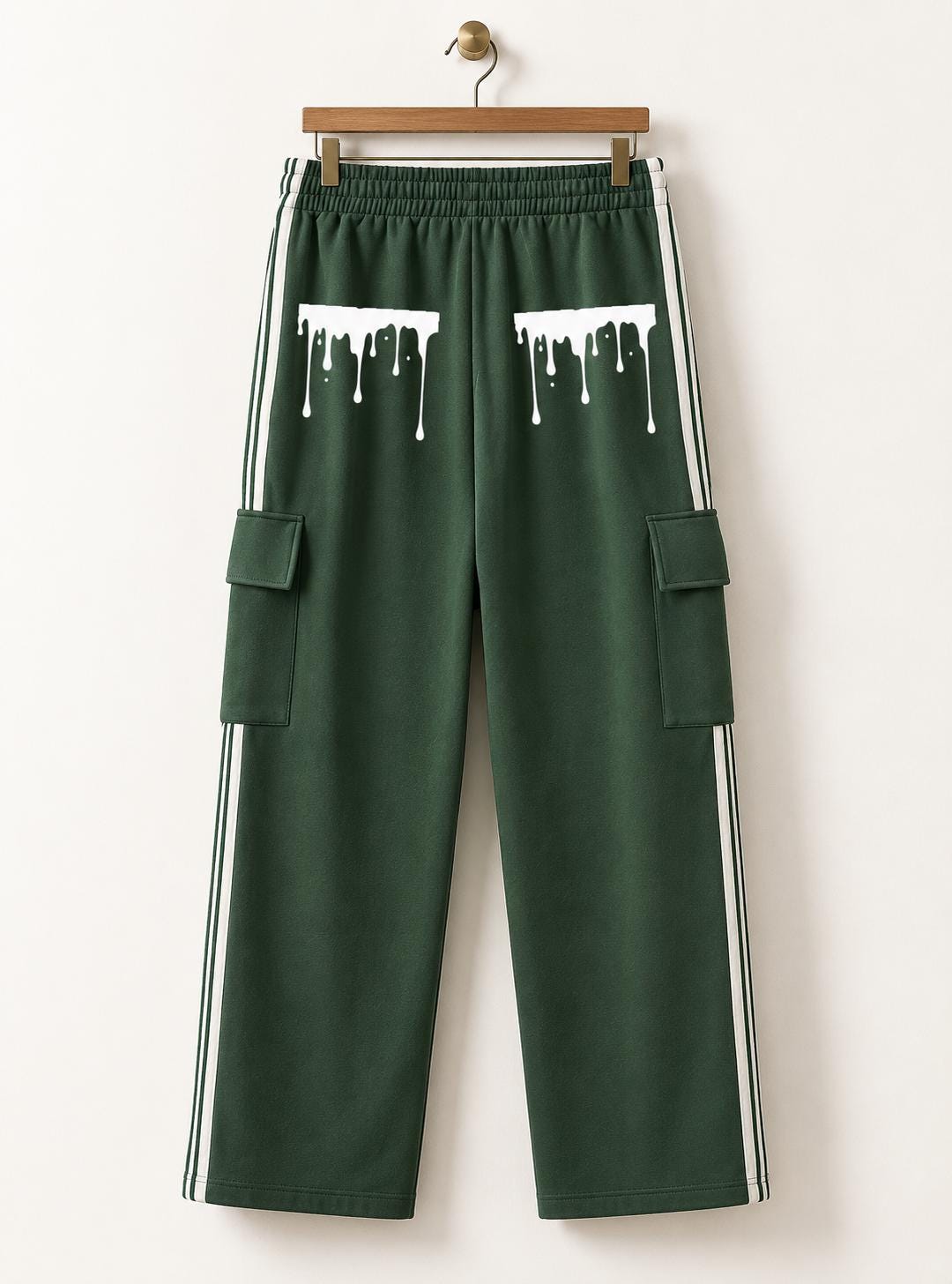 Limited Edition Forest Green Cargo Sweatpants, Palm Tree & Paint Drip, Side Stripe Straight Leg Pants