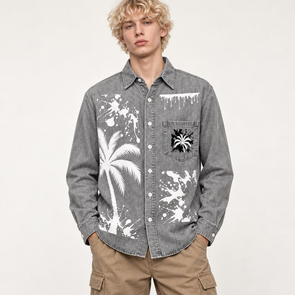 Washed Gray Denim Shirt, Palm Tree Graphics, "God Is Good" Back Design